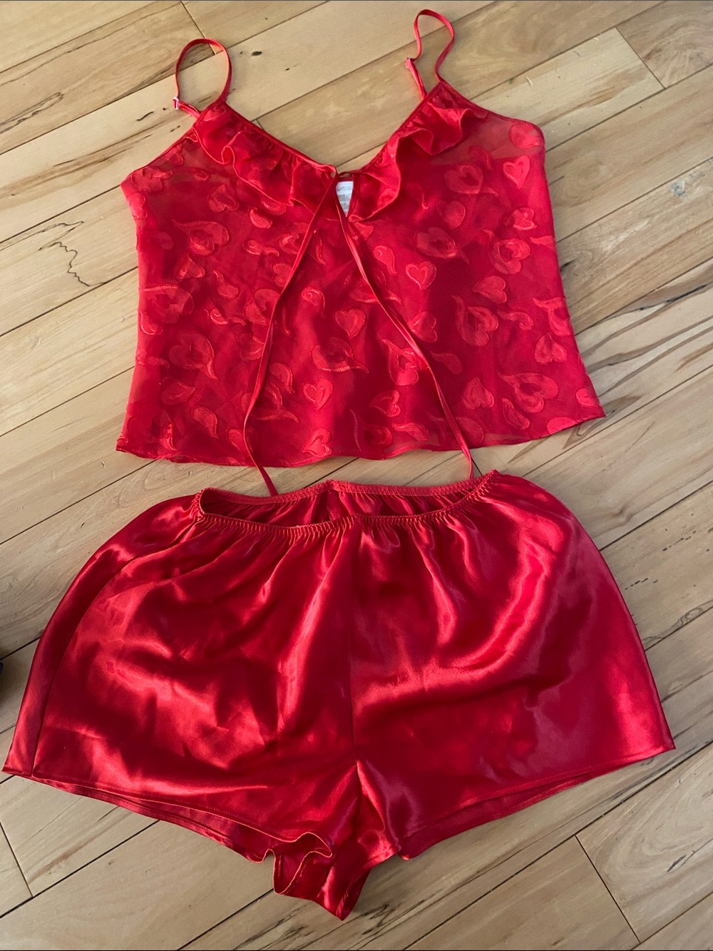 Secret Treasures Red Satin Heart-Pattern Cami & Shorts Set
